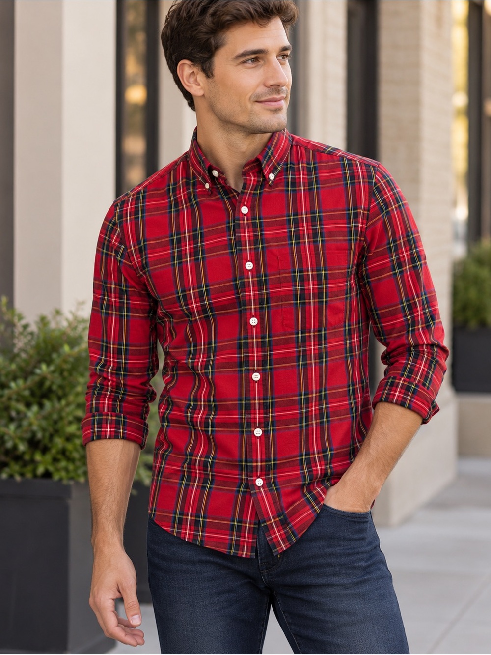 J.Crew Flex Washed Slim Button Down Shirt Red Tartan Plaid XS